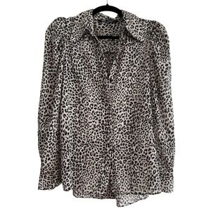 Zara Leopard Print Puff‎ Shoulder Button Up Blouse Neutral Animal Print XS